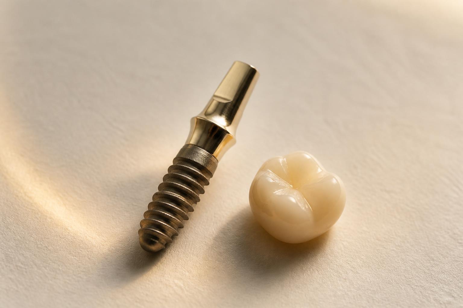 Implante dentário de titânio ao lado de uma coroa de cerâmica