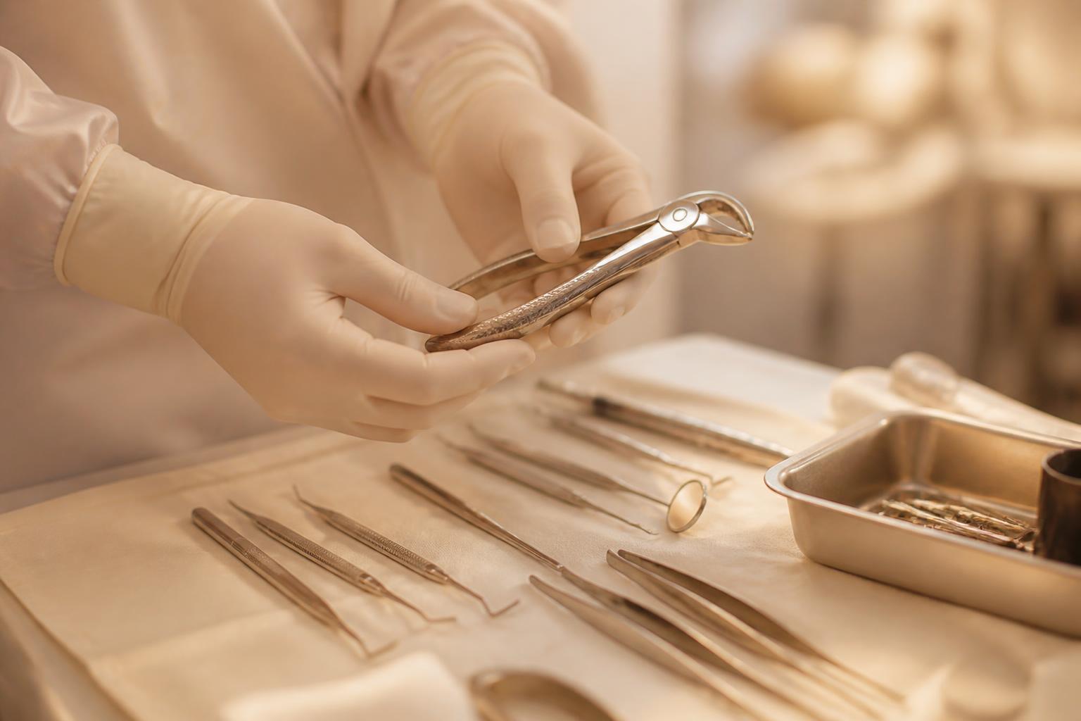 Instrumentos cirúrgicos preparados para uma extração dentária